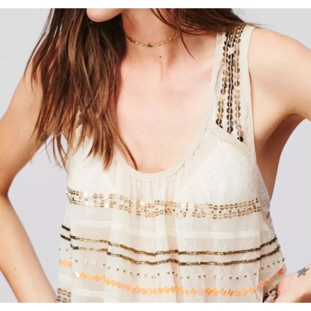 New Free People Mercury XS Ivory Gold Sheer Sequin Sleeveless Swing Racerback